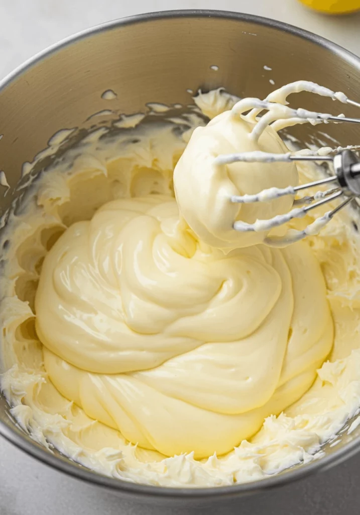 Close-up of a creamy lemon filling being mixed in a stainless steel bowl with a hand mixer, showing a thick, smooth texture with the beaters coated in the mixture.