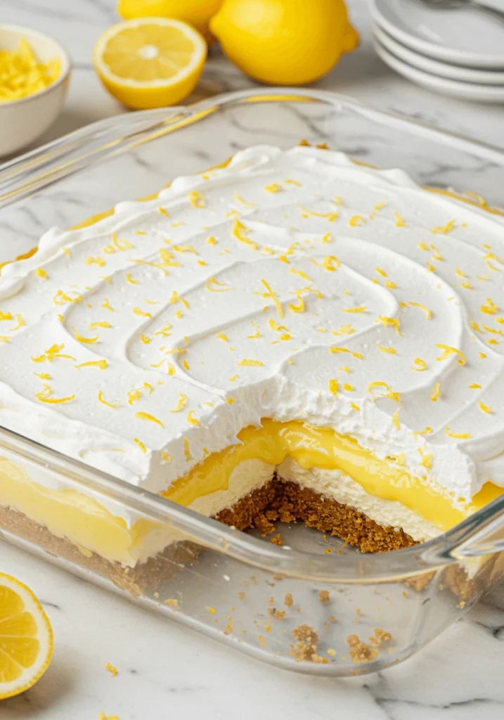 Close-up of the finished Lemon Lush Dessert in a glass baking dish, topped with whipped cream and lemon zest, showcasing its layers of graham cracker crust, creamy lemon filling, and whipped topping