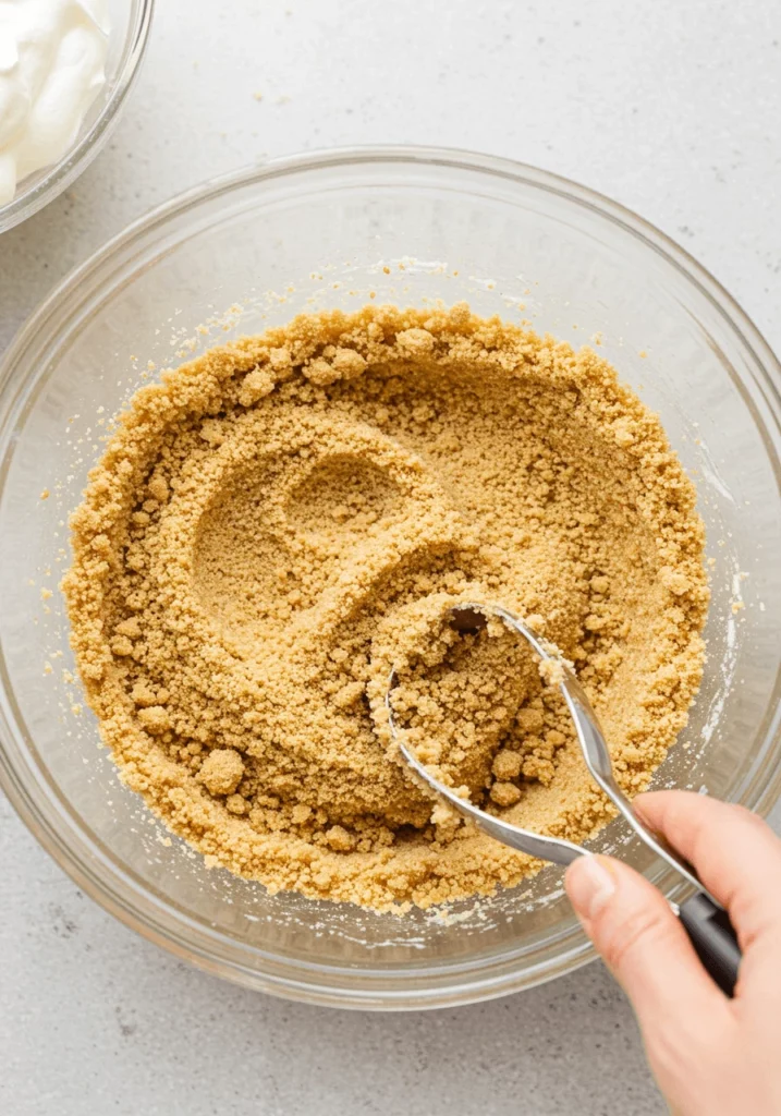 Close-up of graham cracker crumbs being mixed with a pastry cutter in a glass bowl for the crust of Lemon Lush Dessert.