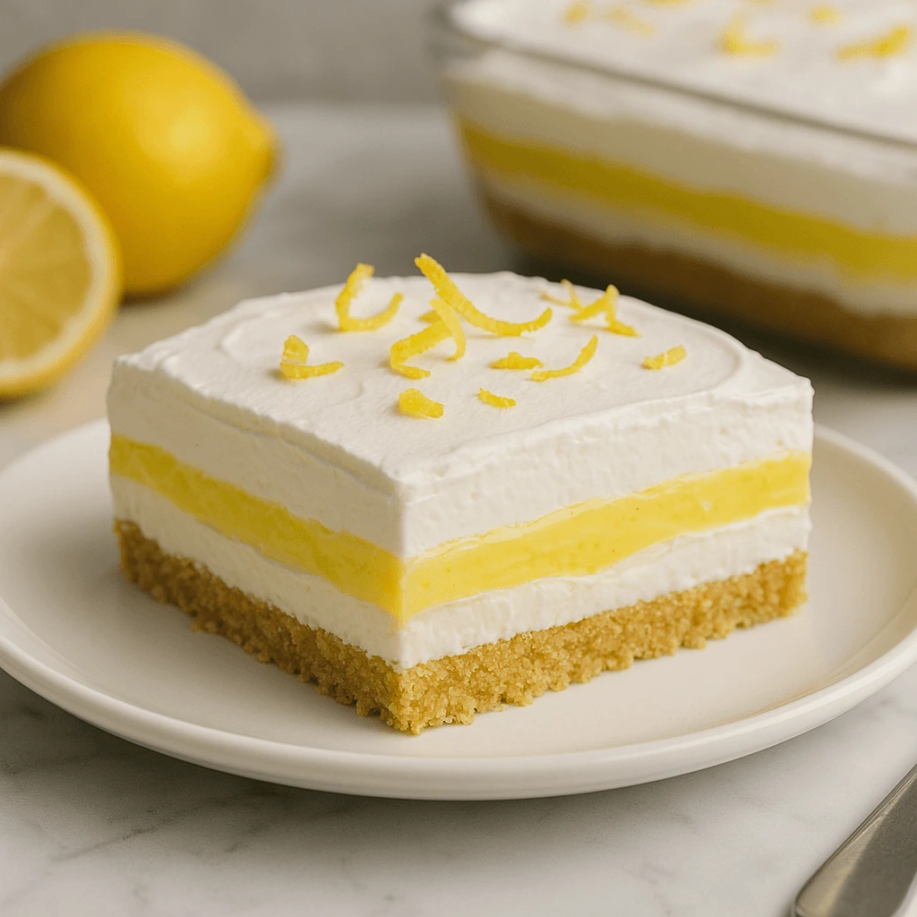Close-up of a slice of Lemon Lush Dessert on a white ceramic plate, showcasing golden graham cracker crust, creamy lemon filling, and fluffy whipped topping with lemon zest.