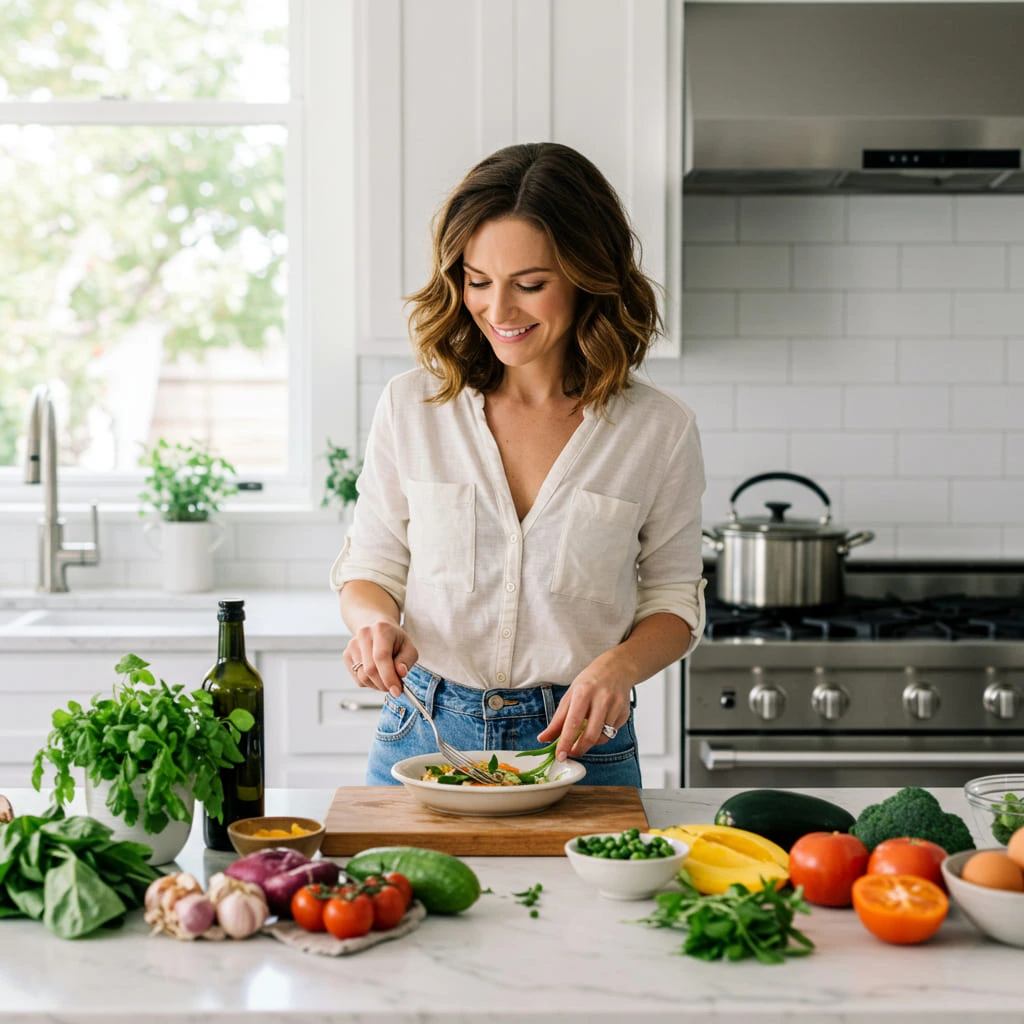 Eva cooking in a bright, modern kitchen with fresh vegetables and ingredients on the counter, preparing a healthy dish.