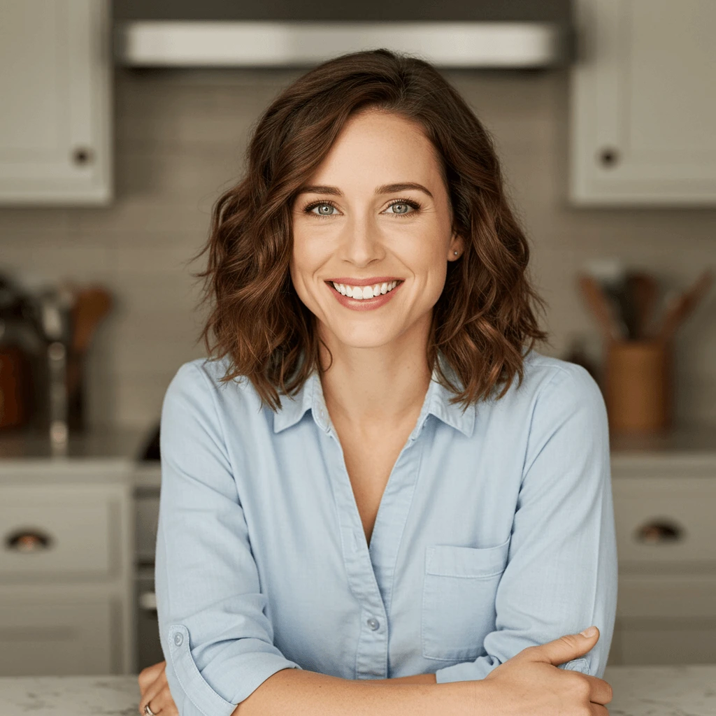 Woman smiling in a cozy kitchen, wearing a light blue blouse, standing at a wooden counter with fresh ingredients.